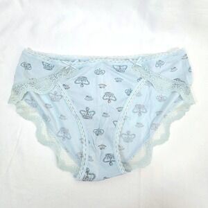 Vtg Victorias Secret Angels Blue Allover Crown Print Lace Bikini Panty Large NWT